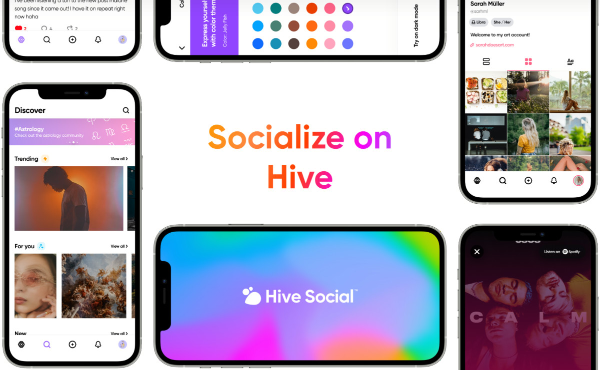 Several smartphone mockups displaying Hive Social screens and features.